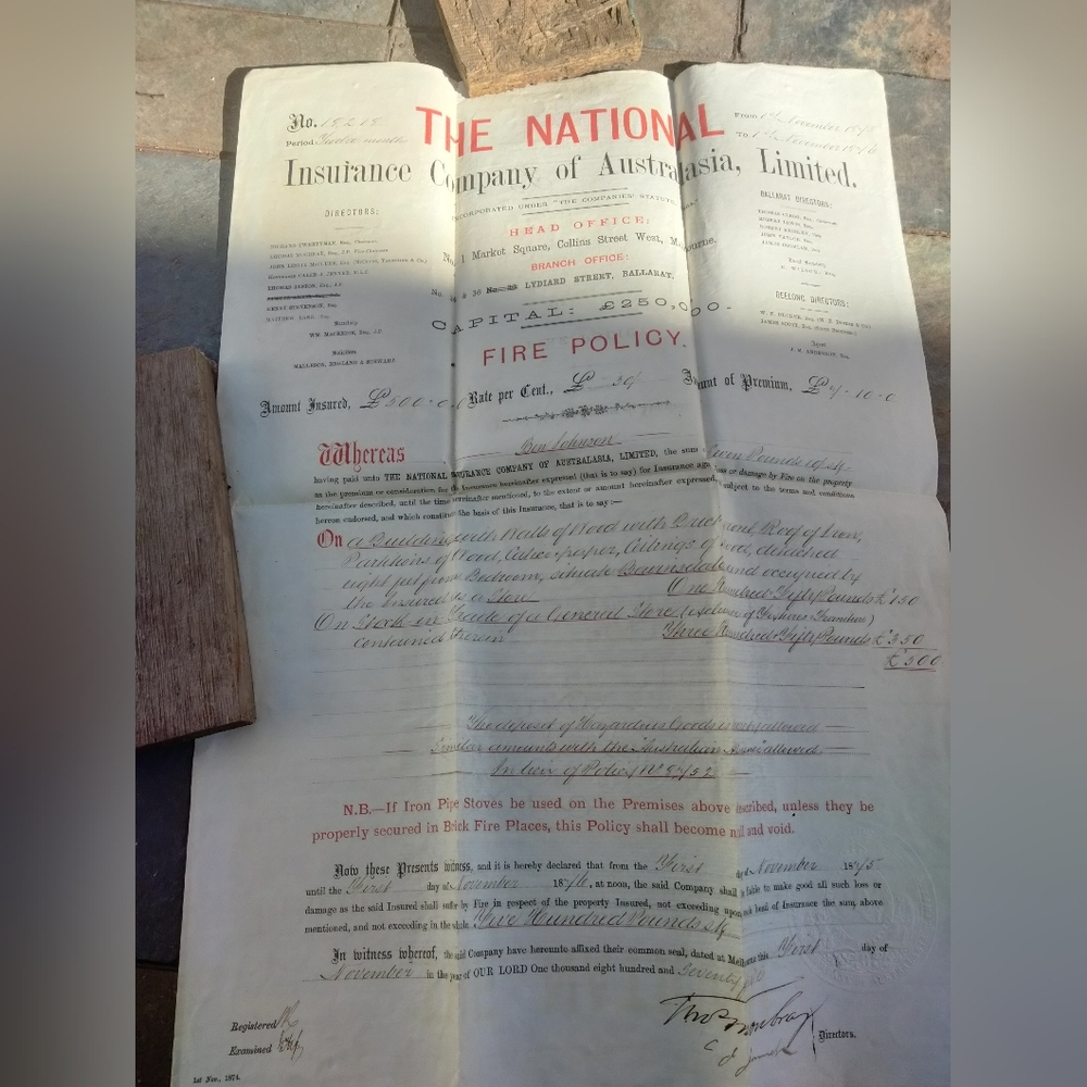 Antique 1864 Original Astralian Fire Insurance Policy Document